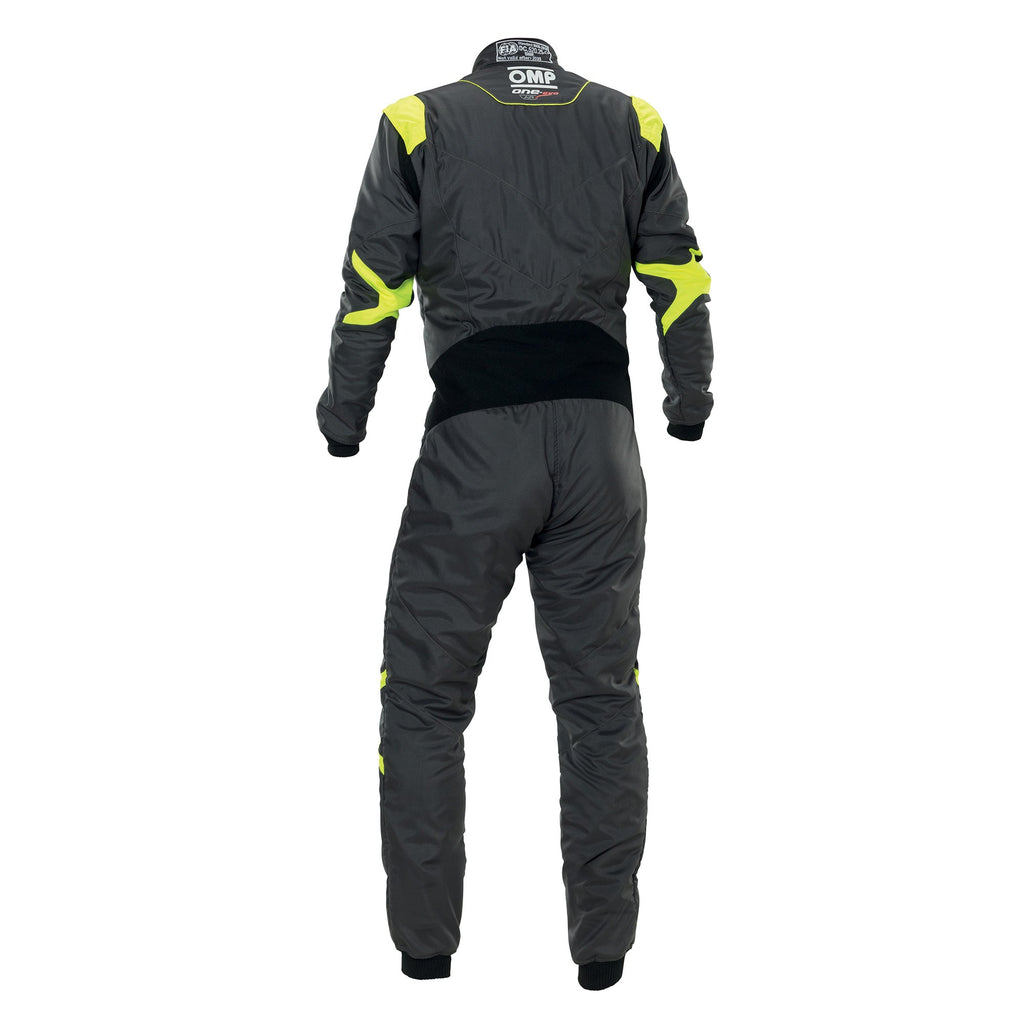Black racing suit back view with neon yellow shoulder accents and full-length legs