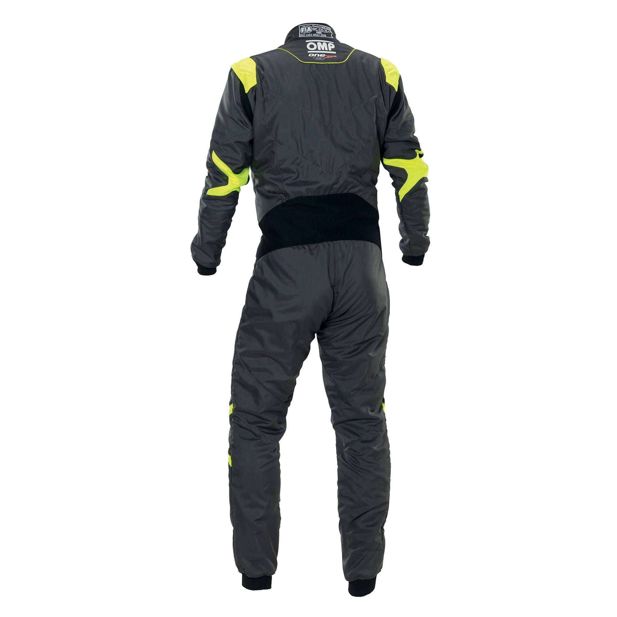 Black racing suit back view with neon yellow shoulder accents and full-length legs