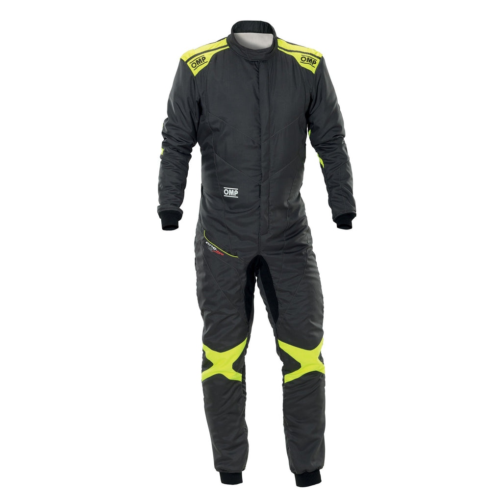 Black one-piece racing suit with neon yellow accents and front zip