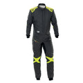 Black one-piece racing suit with neon yellow accents and front zip
