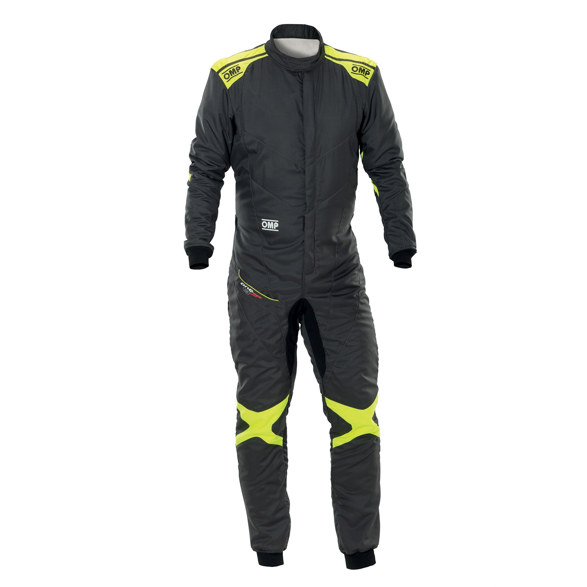 Black one-piece racing suit with neon yellow accents and front zip