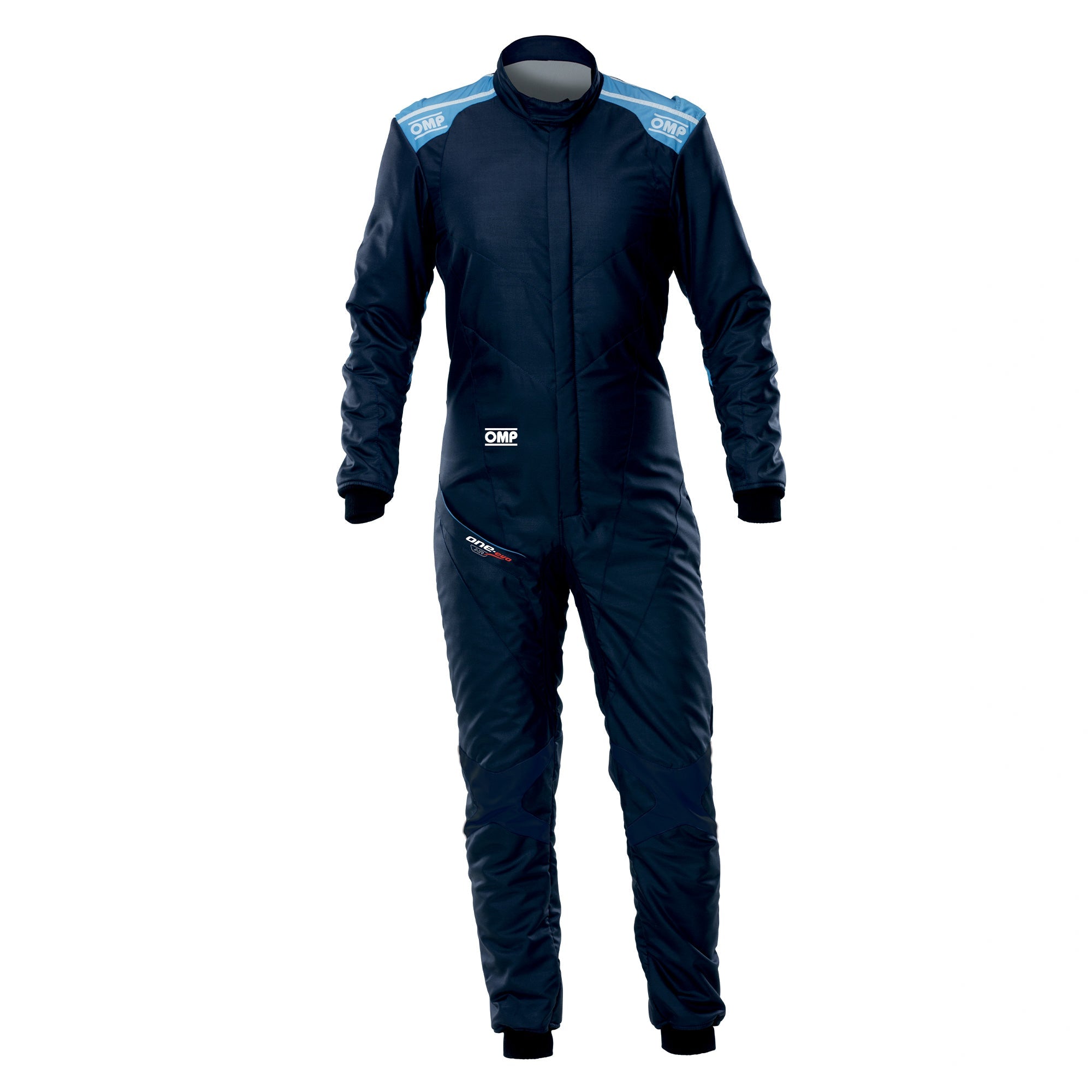 Navy one-piece racing suit with front zip and blue side panel accents