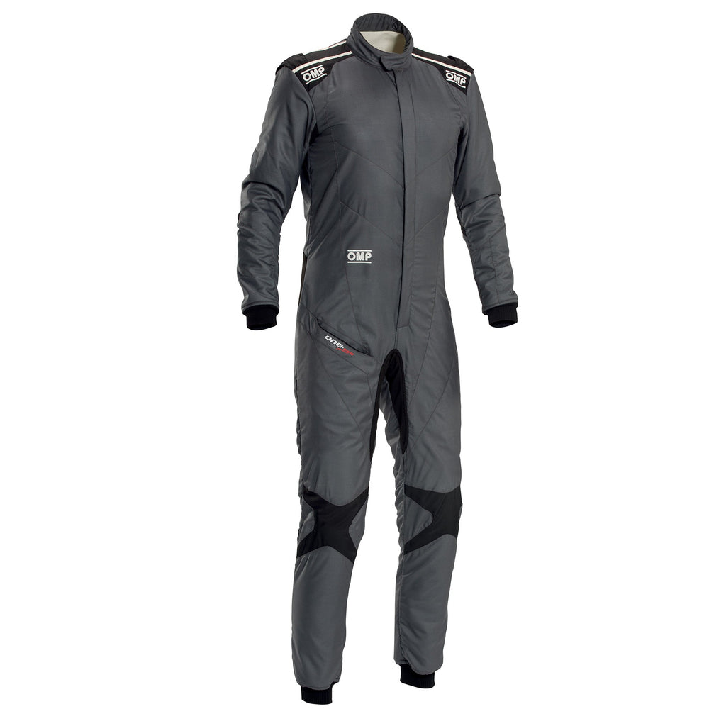 Dark gray one-piece racing suit with front zip and black protective panels