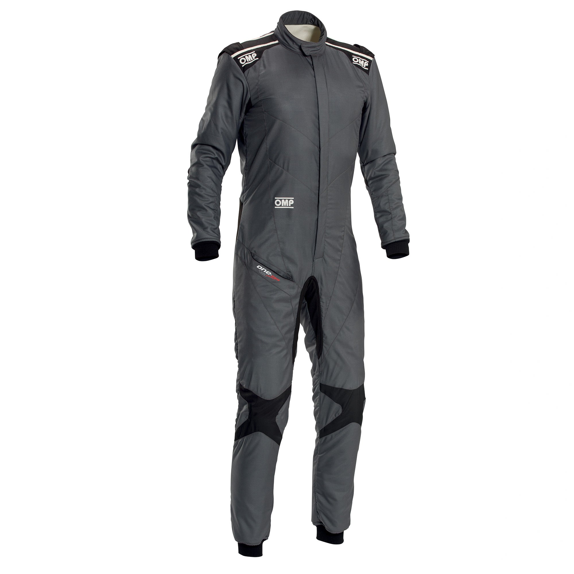 Dark gray one-piece racing suit with front zip and black protective panels