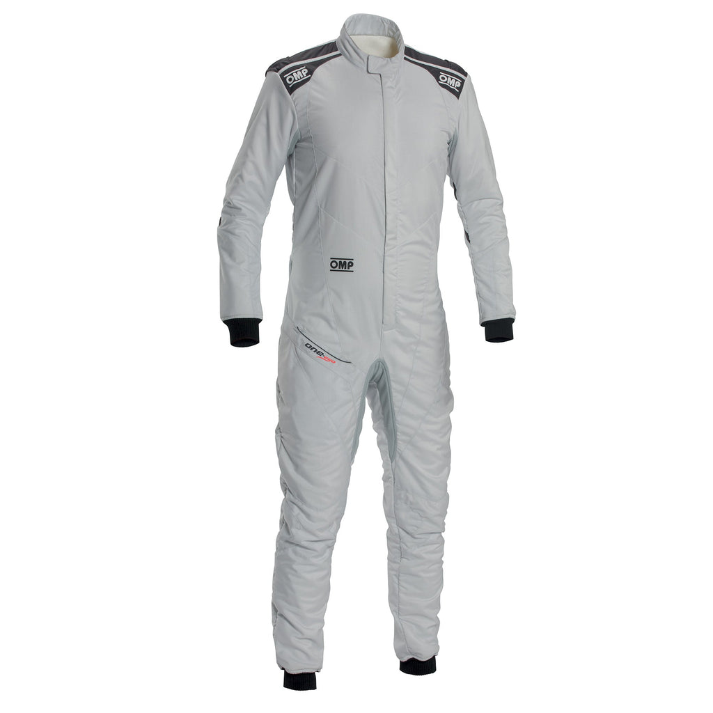 Light gray one-piece racing suit with front zip and padded ankle/leg cuffs