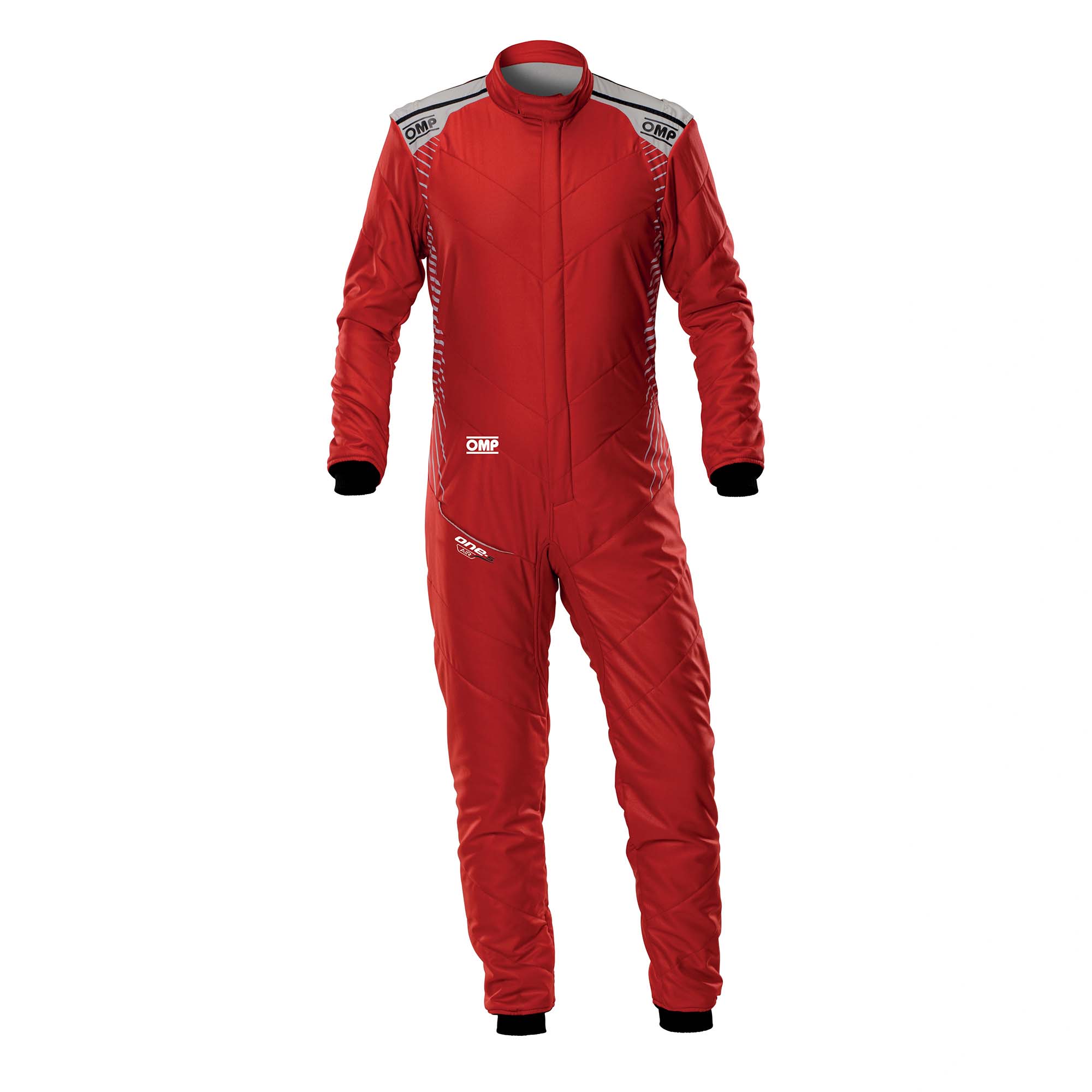 OMP fire-resistant racing suit, red with white shoulder stripes and logos.