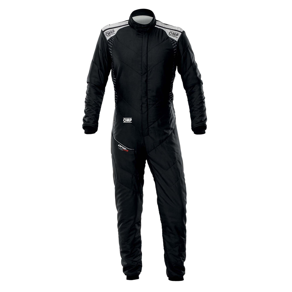 OMP fire-resistant racing suit, black with contrast white logo details.
