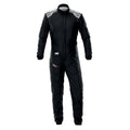 OMP fire-resistant racing suit, black with contrast white logo details.