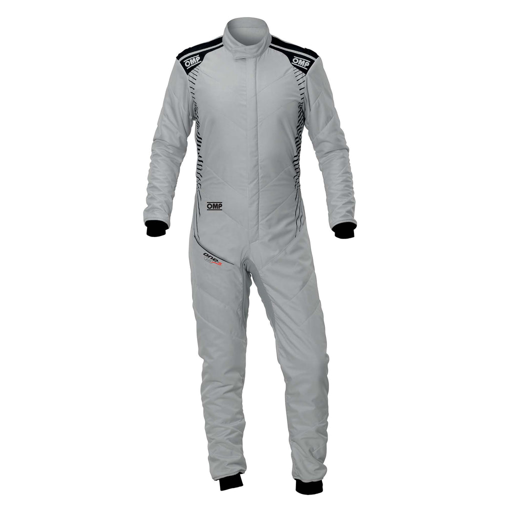 OMP fire-resistant racing suit, light gray with black shoulder graphics and logos.