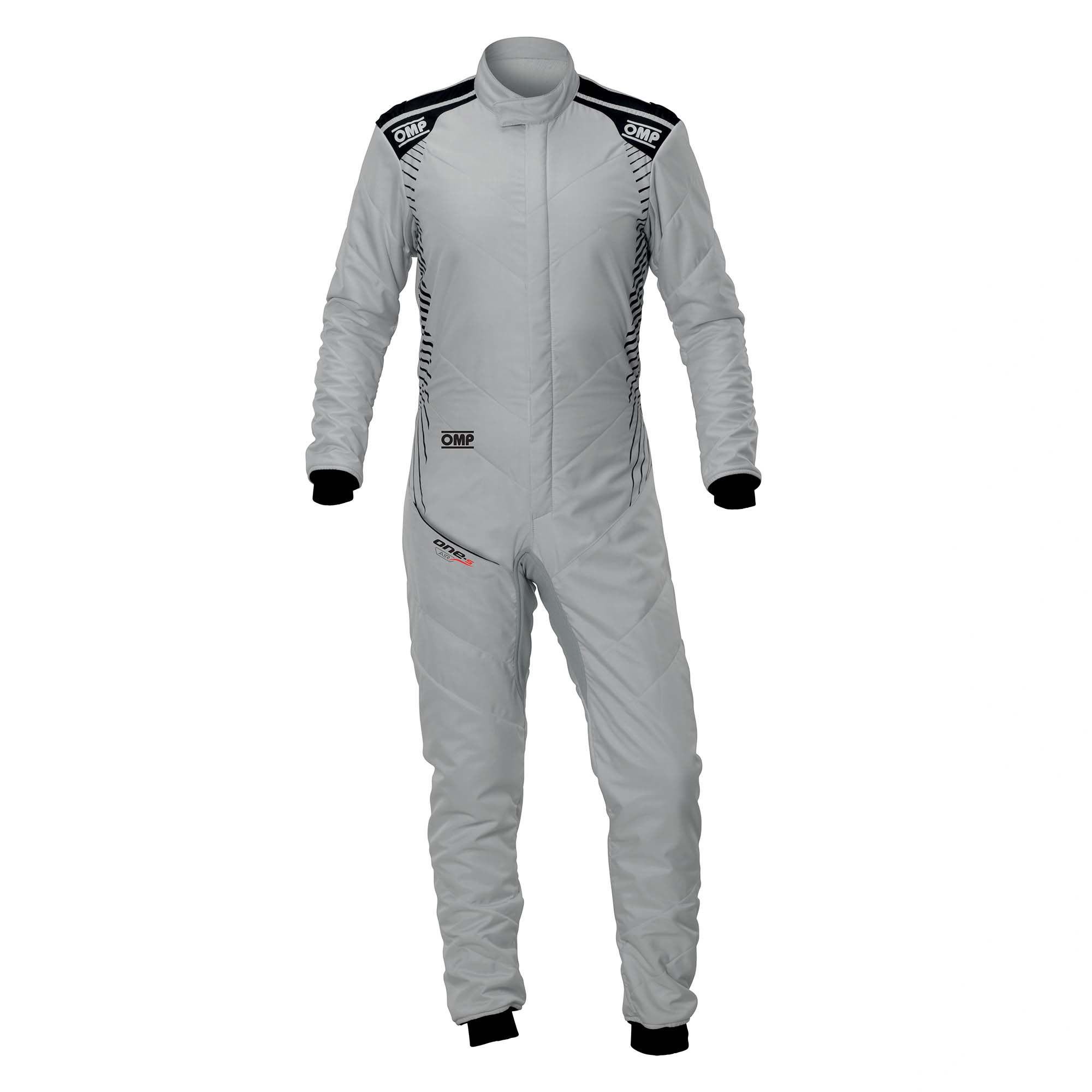 OMP fire-resistant racing suit, light gray with black shoulder graphics and logos.