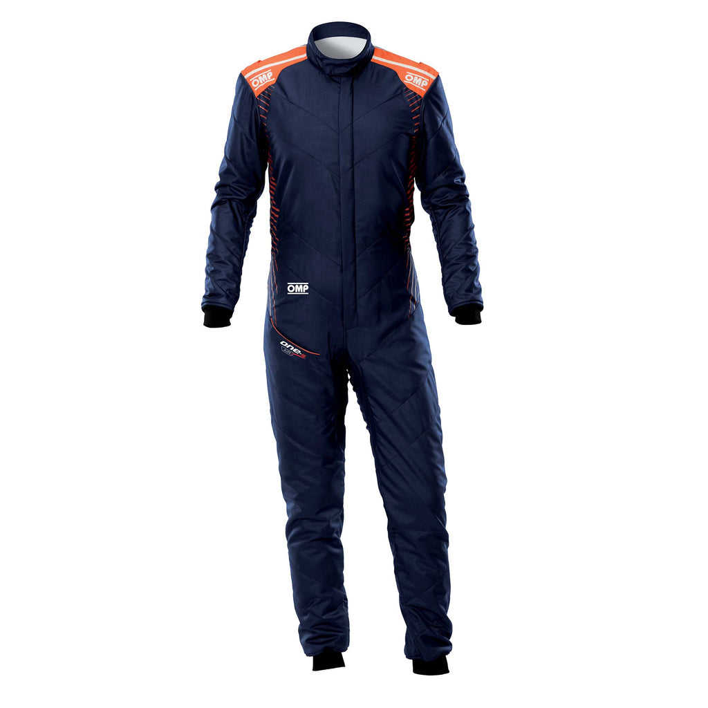 OMP fire-resistant racing suit, navy with orange trim and side logo details.