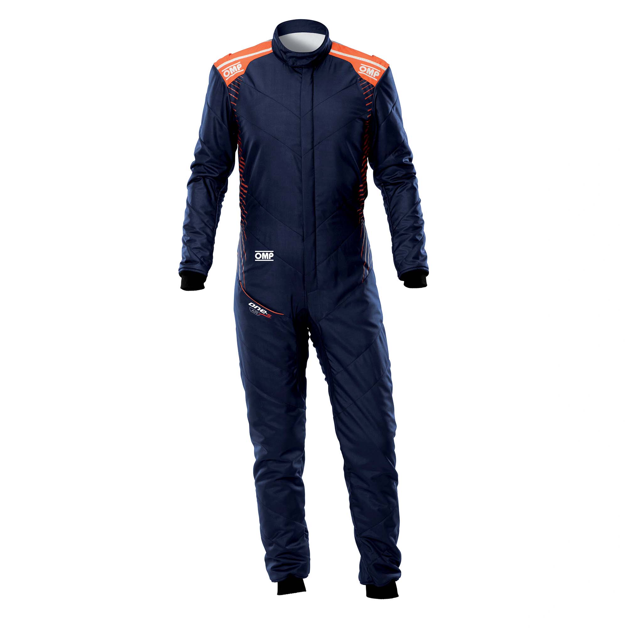 OMP fire-resistant racing suit, navy with orange trim and side logo details.