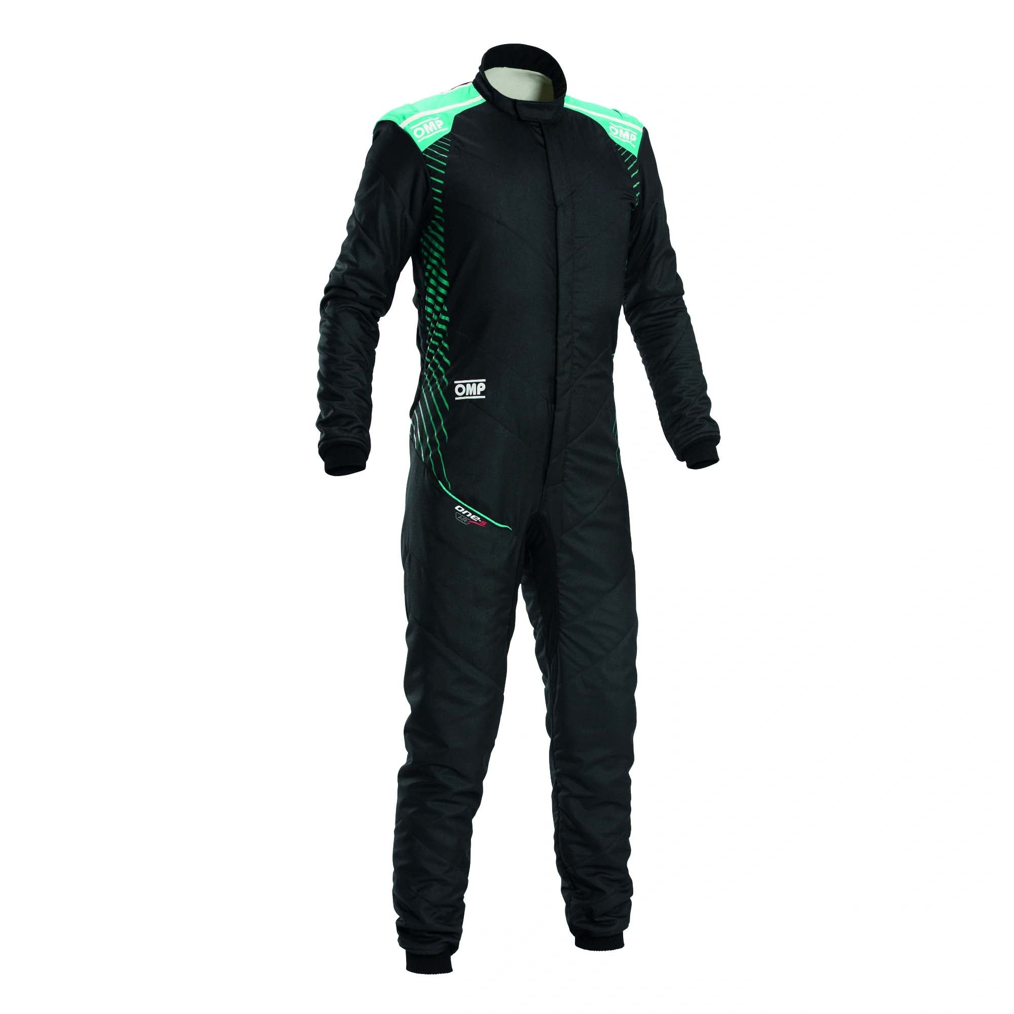 OMP fire-resistant racing suit, black with green panels and logo details.