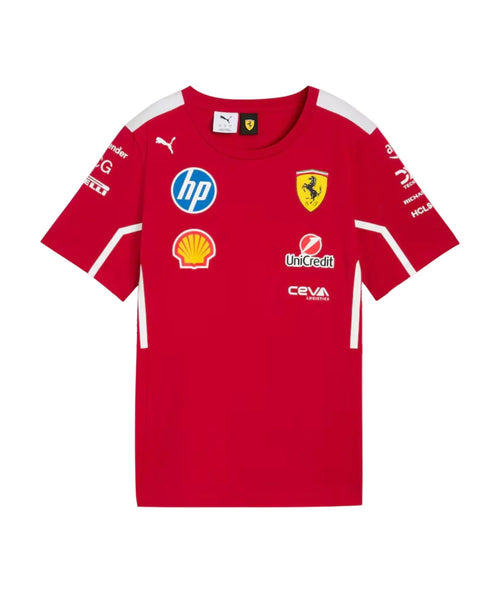 Red Ferrari F1 replica T-shirt with hp, Shell, Puma, and CEVA logos