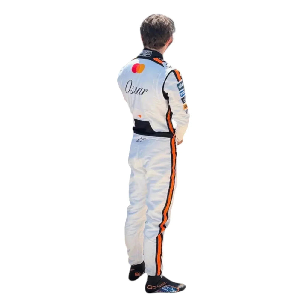 Endless Racegear Oscar Piastri Monaco race suit replica white back view with orange and black side stripes
