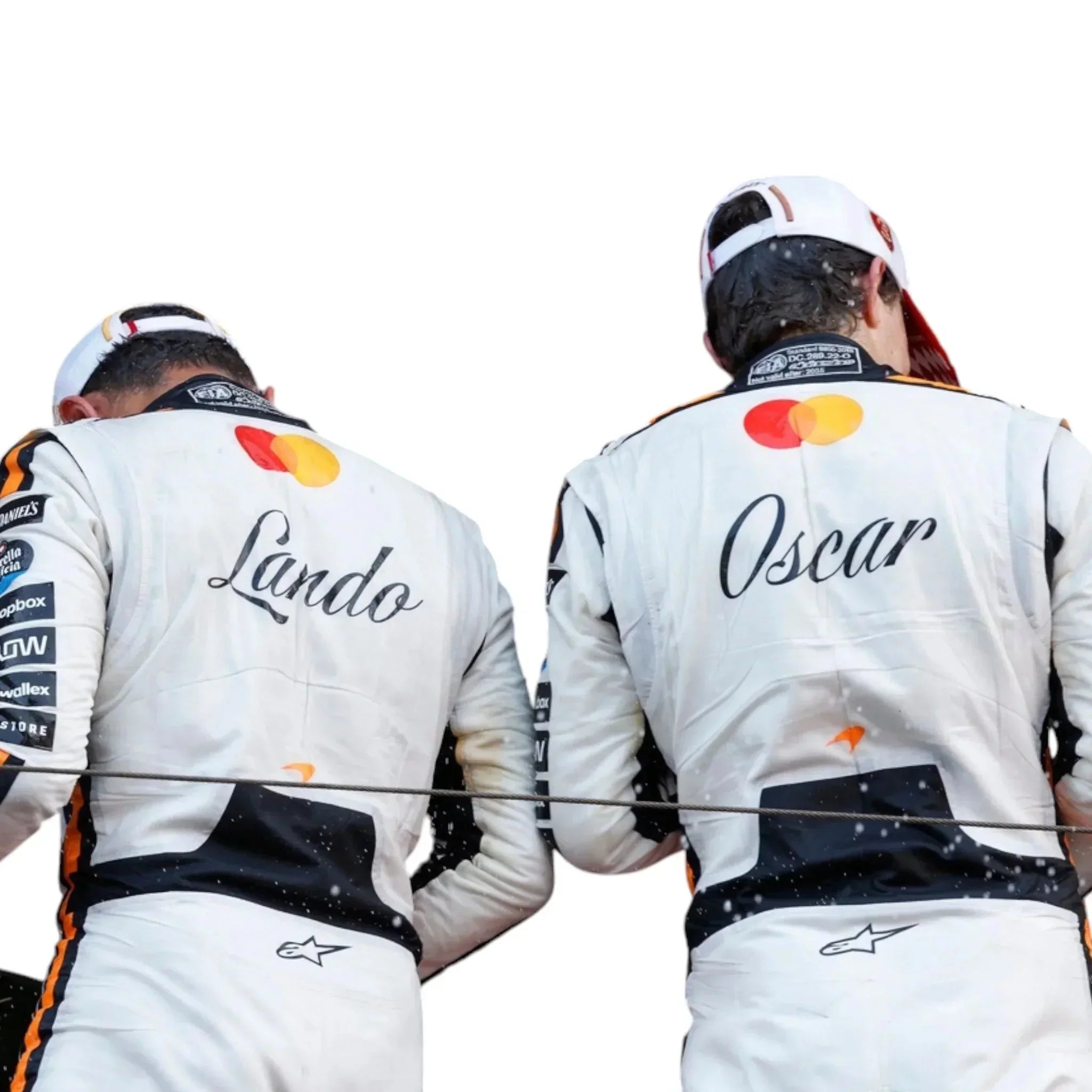 Endless Racegear Oscar Piastri Monaco race suit replica rear view of two white branded race suits with driver name prints