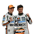 Two drivers in white McLaren race suits with sponsor patches and helmet Oscar Piastri Monaco race suit replica