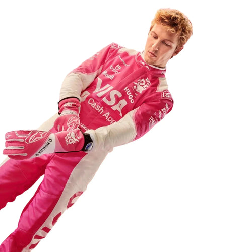 Pink racing suit with white sleeves and sponsor graphics, angled arm view