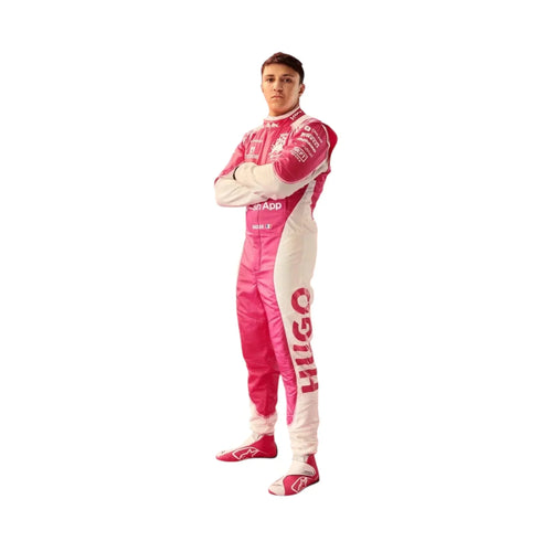 Pink and white racing suit with full zipper and sponsor logos, standing pose
