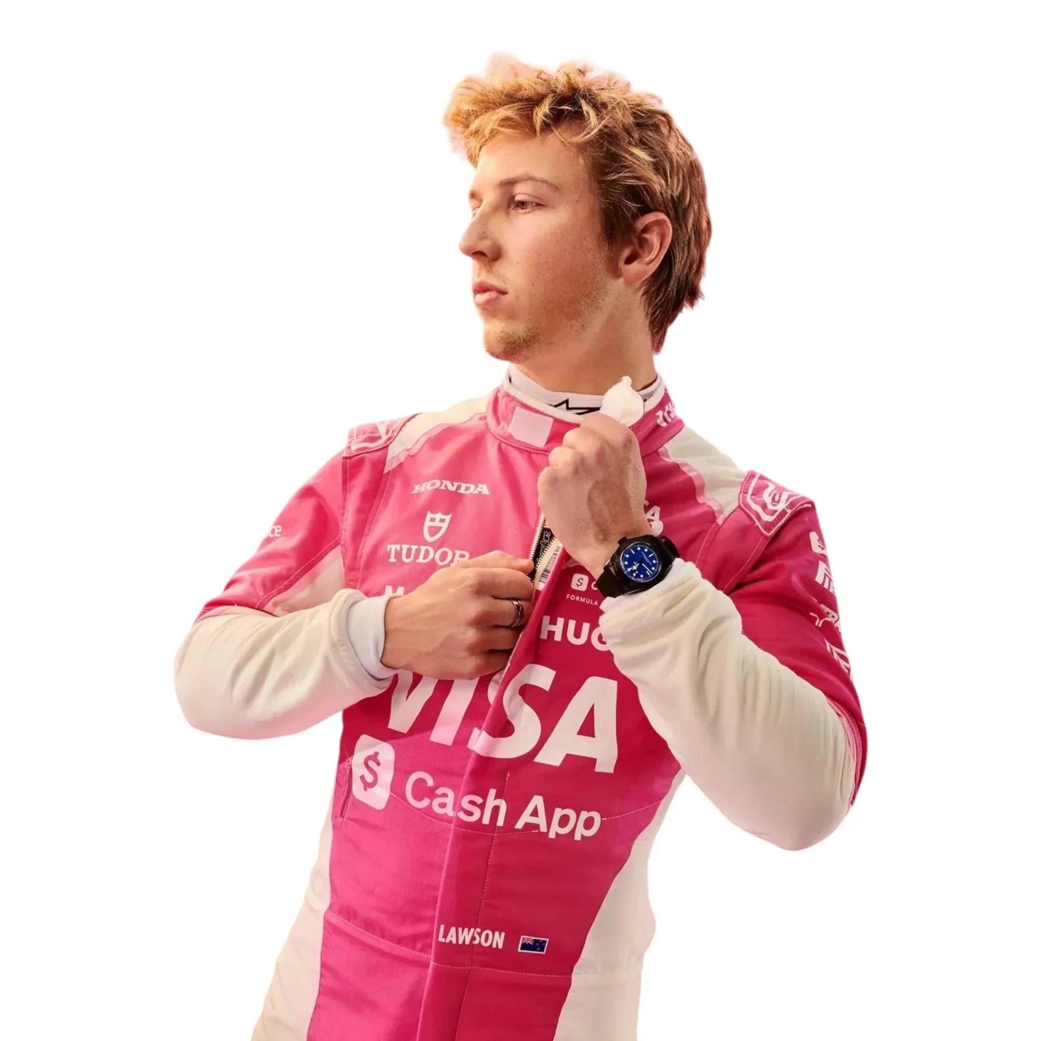 Endless Racegear Racing Bulls F1 Miami GP race suit pink and white with Visa Cash App and Honda logos on male model