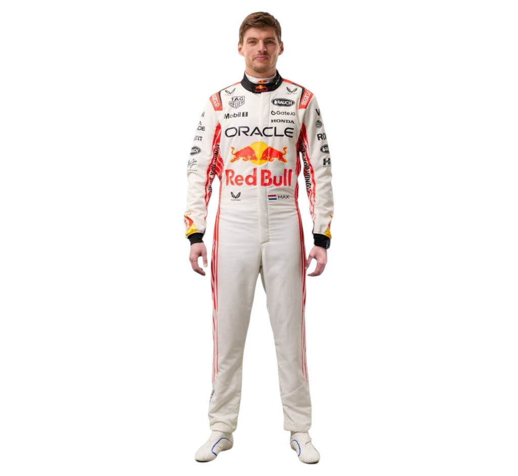 Endless Racegear white Red Bull Oracle race suit modeled after Max Verstappen with sponsor logos