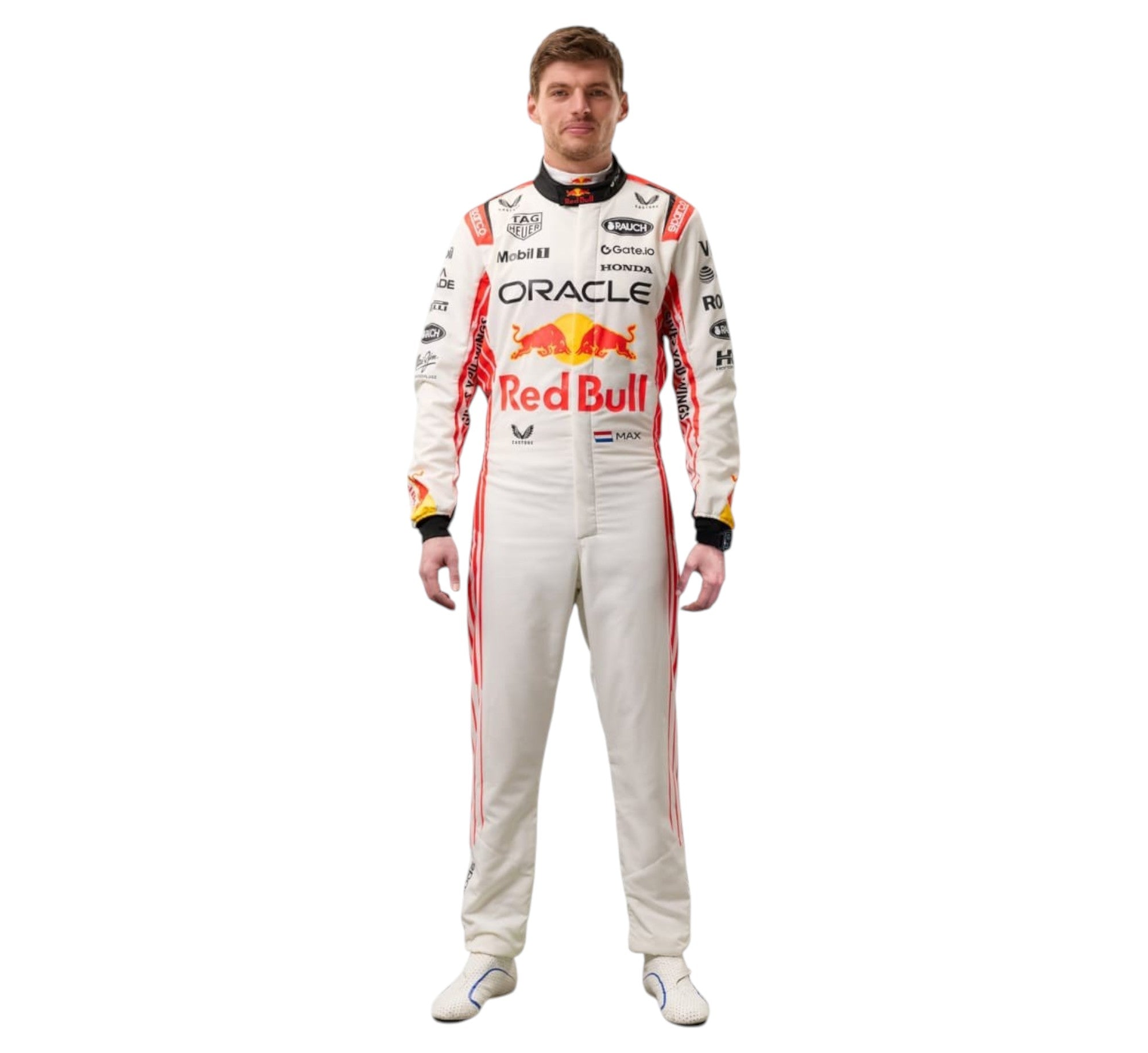 Endless Racegear white Red Bull Oracle race suit modeled after Max Verstappen with sponsor logos