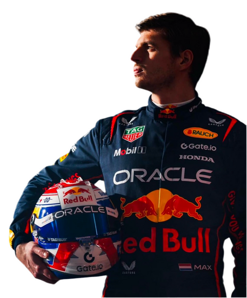 Racing suit front, dark blue with ORACLE text and Red Bull emblem, full sleeves.