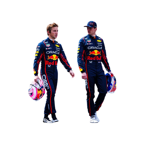 Racing replica suit, dark blue with Red Bull and Oracle logos, long sleeves.