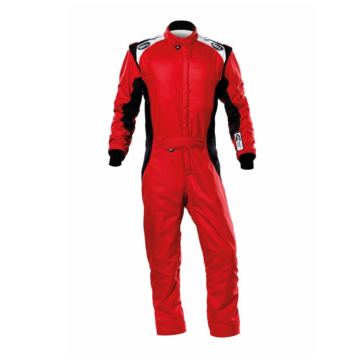 Red racing suit with black side panels, full-length sleeves and zip front