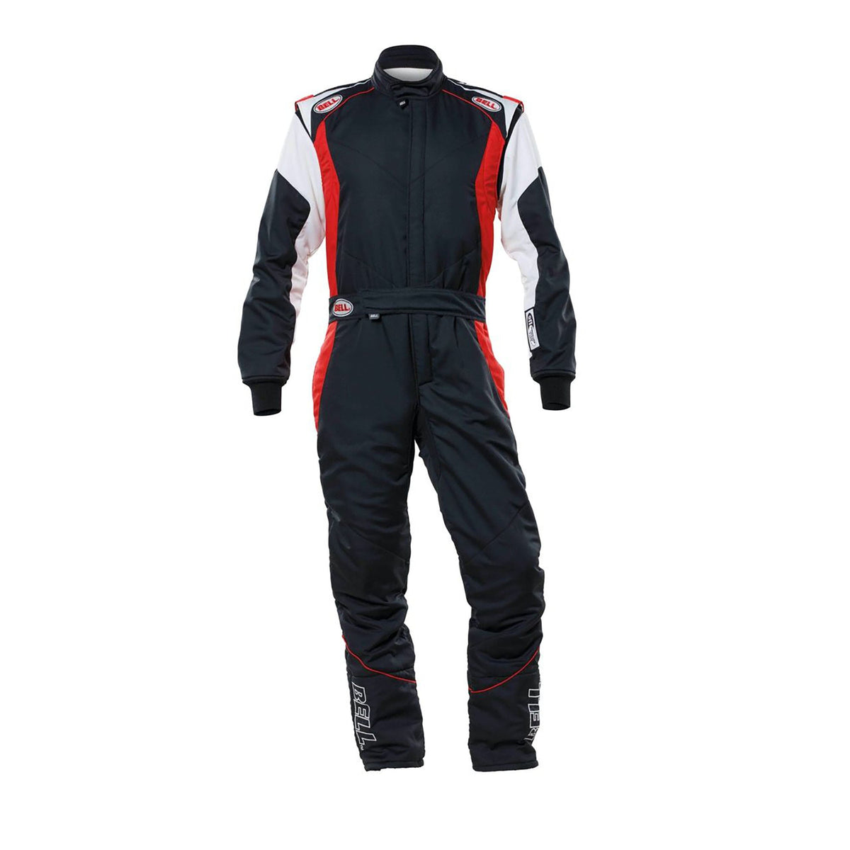 Black racing suit with red side panels, white shoulder panels, and logo patch