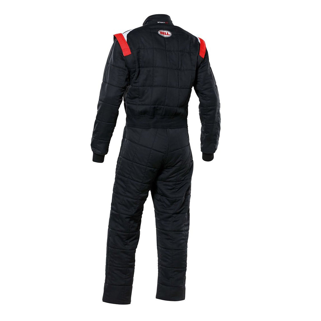 Black racing suit with full zip and padded back panels; long sleeves; back view