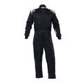 Black racing suit with full zip, padded panels, and long sleeves; front view
