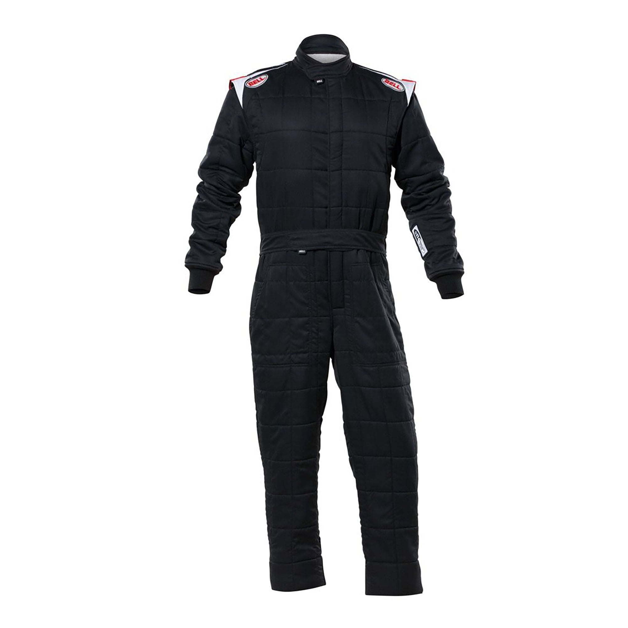 Black racing suit with full zip, padded panels, and long sleeves; front view