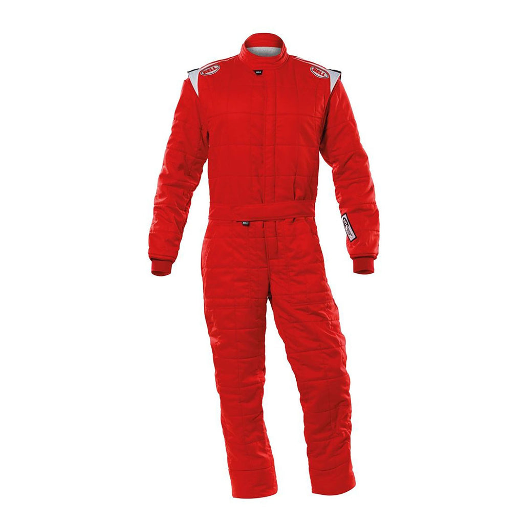 Red racing suit with full zip, padded panels, and long sleeves; front view