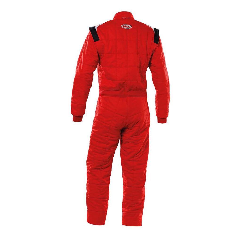 Red racing suit with full zip and padded back panels; long sleeves; back view