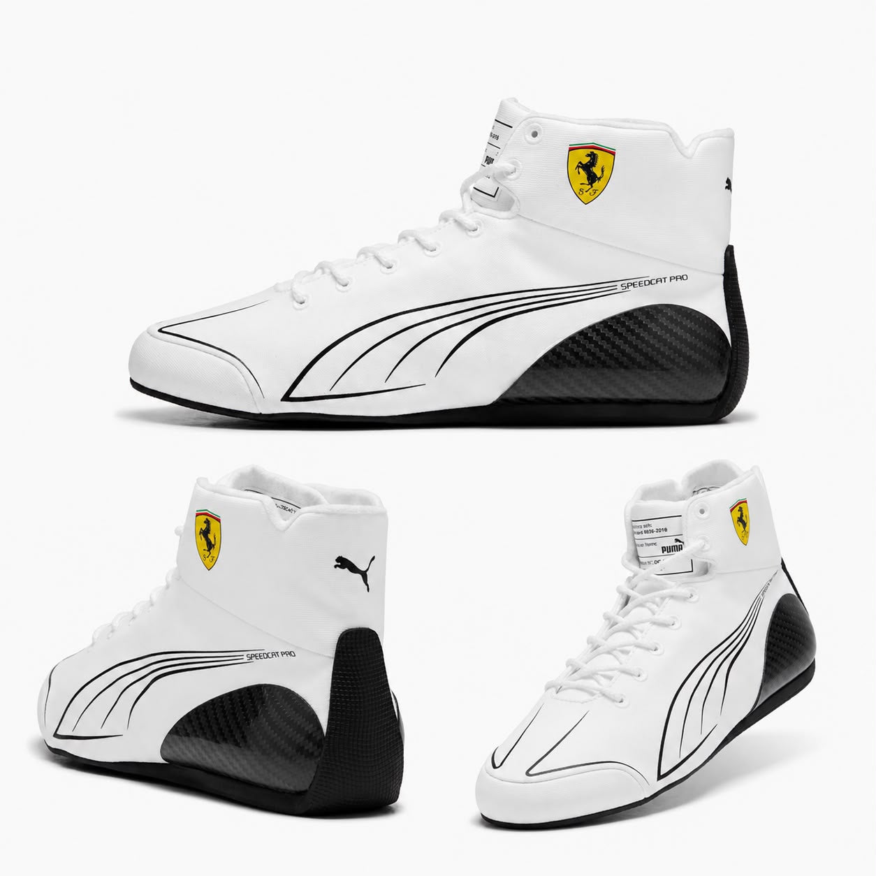 White high-top race shoes with Ferrari shield logo and black sole stripe detail
