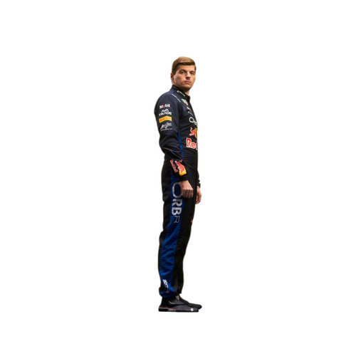 Racing replica suit in dark navy with blue panels and sponsor logos, side view | Endless Racewear