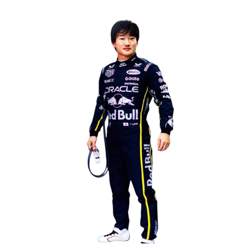 Racing driver replica suit in dark navy with yellow trim and sponsor logos