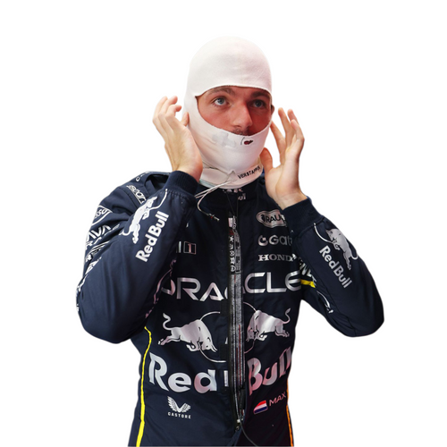 Navy racing suit with zip front, yellow piping, and Red Bull sponsor logos