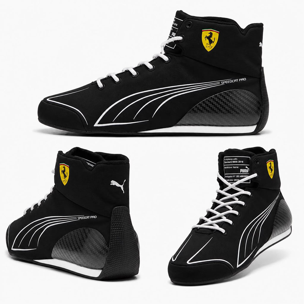 Black high-top race shoes with Ferrari shield logo and white racing stripe graphics