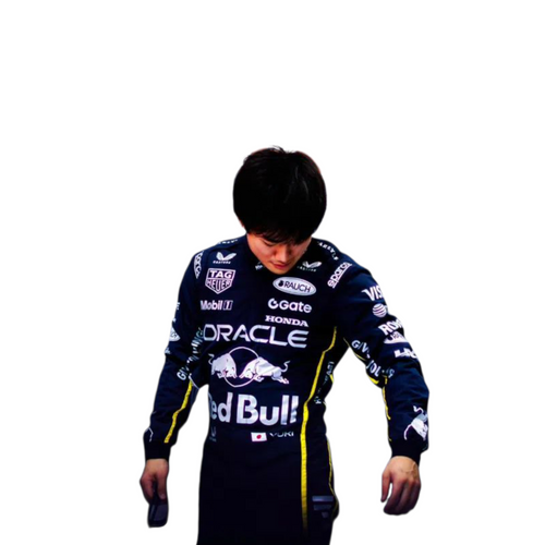 Navy racing suit with yellow trim and sponsor logos, back view