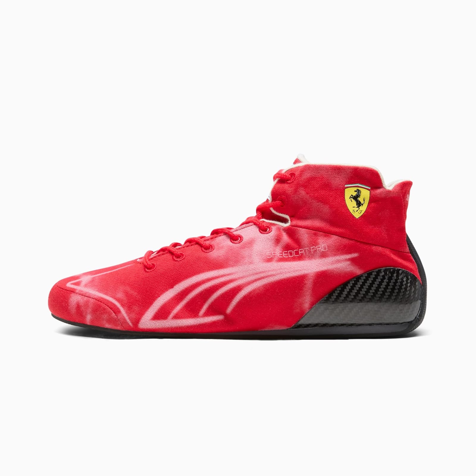 Red high-top race shoes with Ferrari shield logo, white racing graphics, black sole