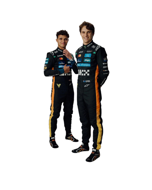 F1 racing team suit, black with orange side panels and sponsor logos on torso