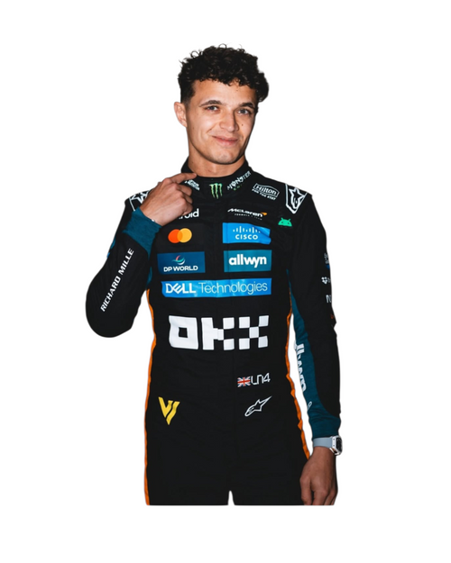 F1 racing team suit torso, black with orange trim and large DELL Technologies logo
