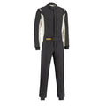Black racing suit with white side panels, full front zipper, and stand collar