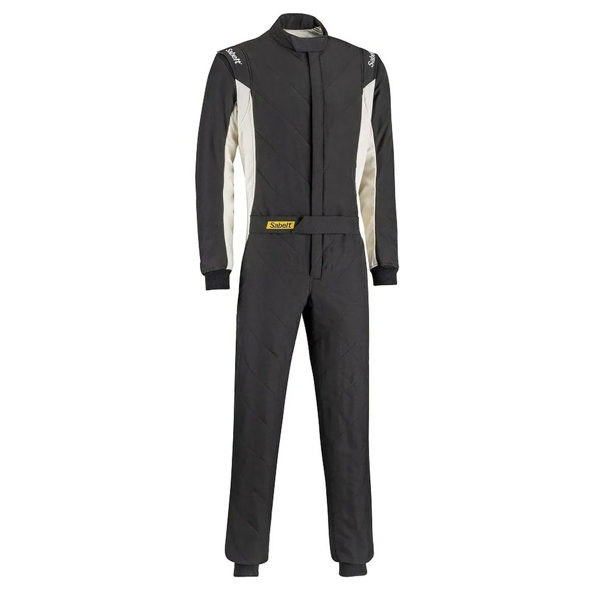 Black racing suit with white side panels, full front zipper, and stand collar