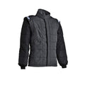 Two-tone quilted jacket with stand collar and full zipper, gray center panel
