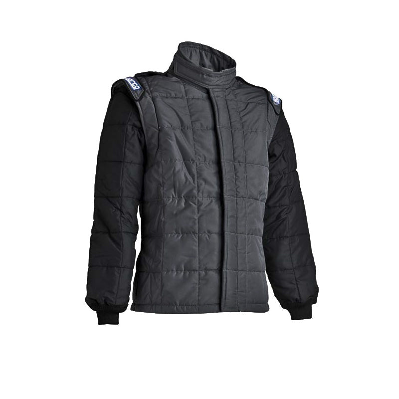 Two-tone quilted jacket with stand collar and full zipper, gray center panel