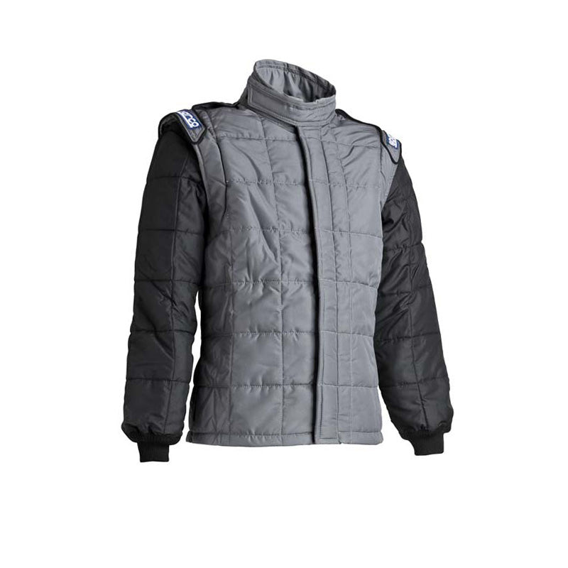Two-tone padded jacket with stand collar, full zip, black sleeves and gray body