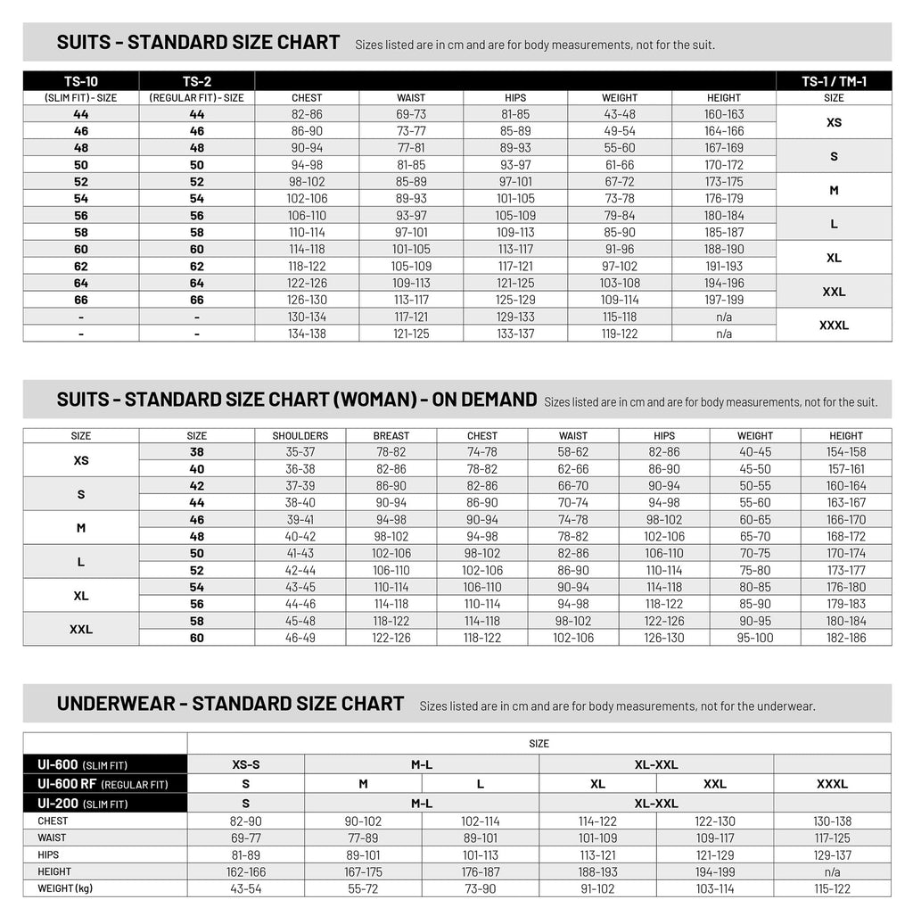 Sabelt Universe TS-8 size chart for standard and woman on-demand sizing